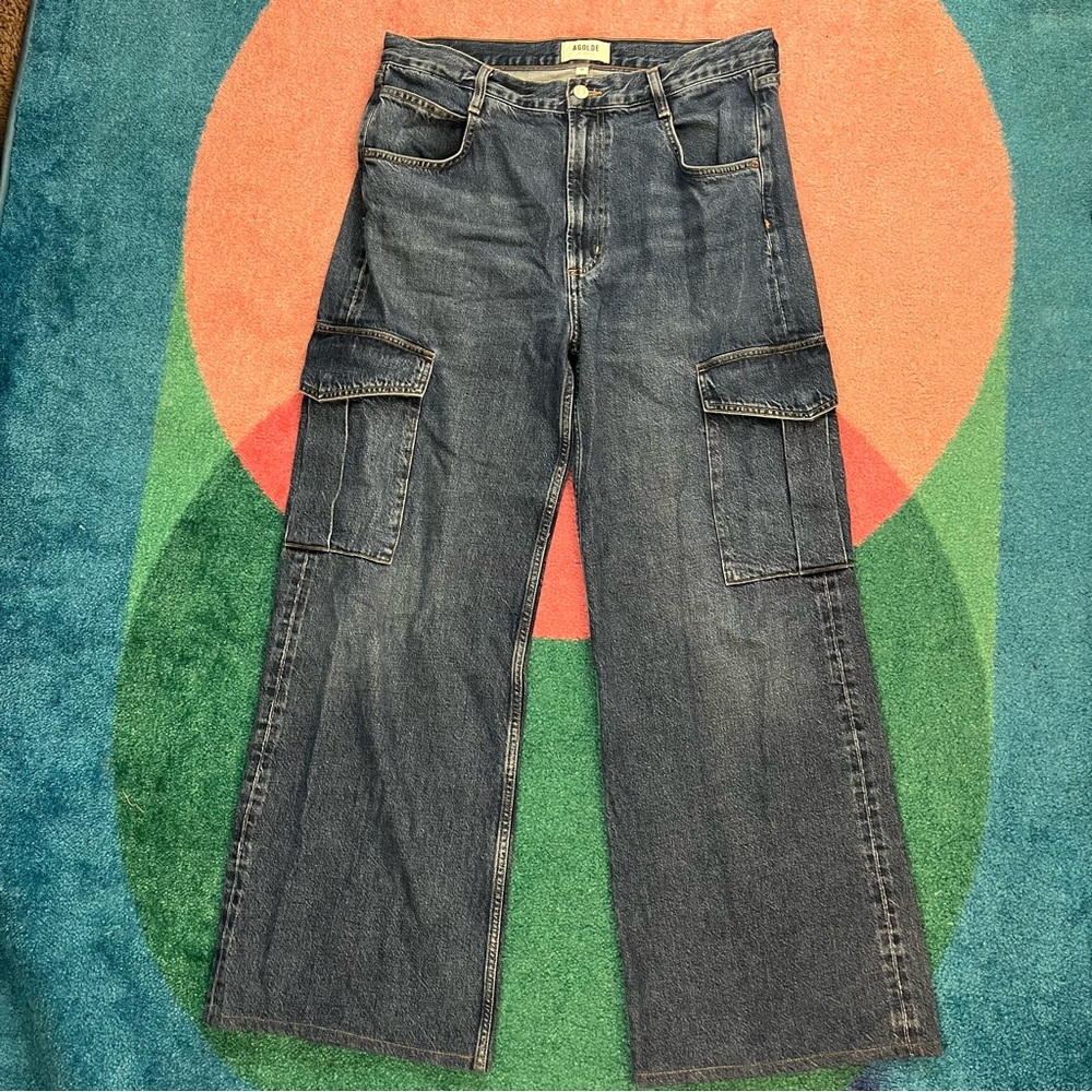 Agolde Women’s Minka Cargo Jeans Denim High Rise Dark Blue Pockets Size 30